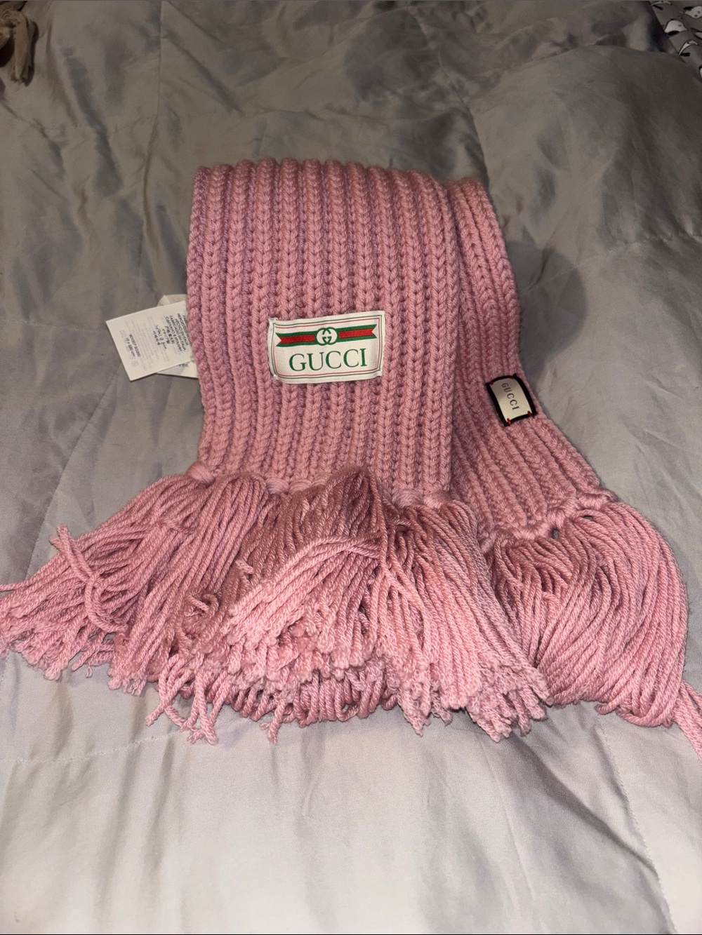 Gucci Pink Ribbed Knit Scarf with Fringe
